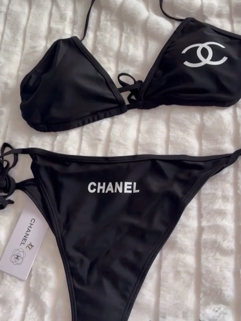 CHANEL Black Bikini Set with White Logo